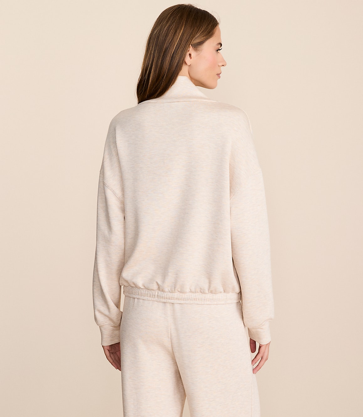 Lou & Grey Heathered Scubasoft Mock Neck Drawstring Hem Top