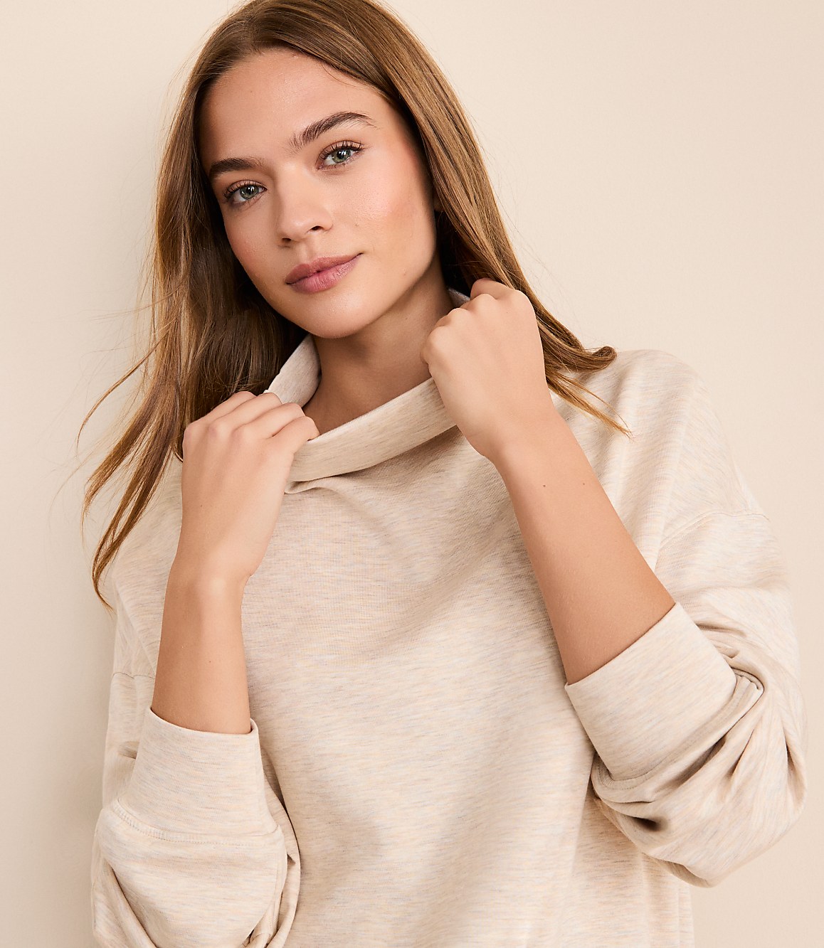 Lou & Grey Heathered Scubasoft Mock Neck Drawstring Hem Top