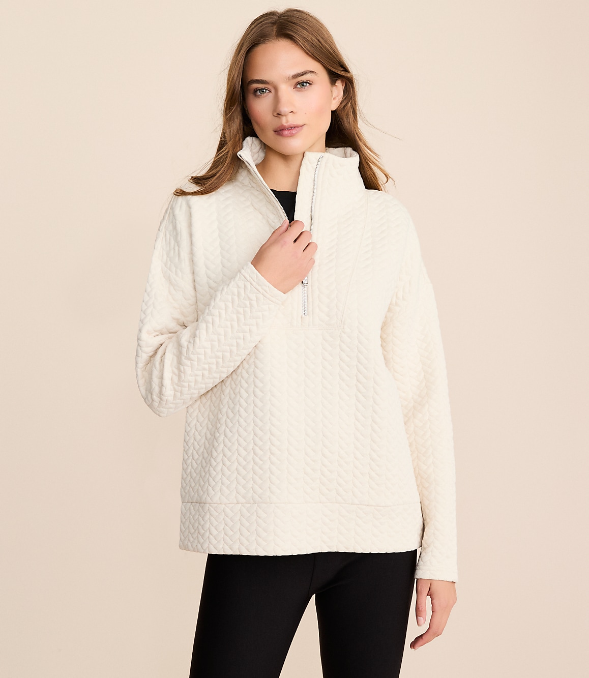 Lou & Grey Quilted Cable Jacquard Half Zip Top