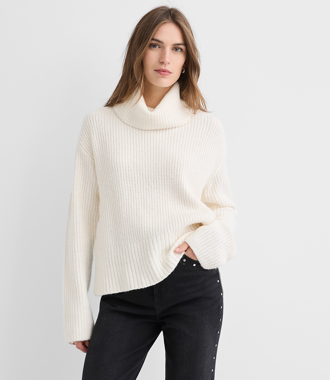 Petite Cuffed Ribbed Mock Neck Sweater