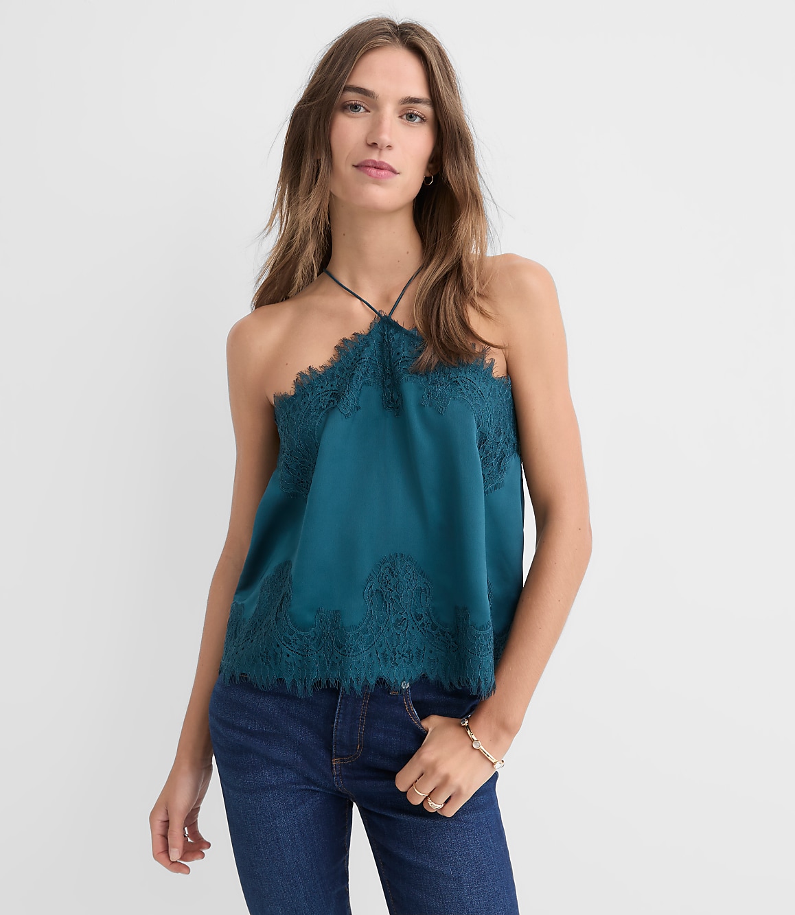 Petite Lace Trim Halter Strappy Cami