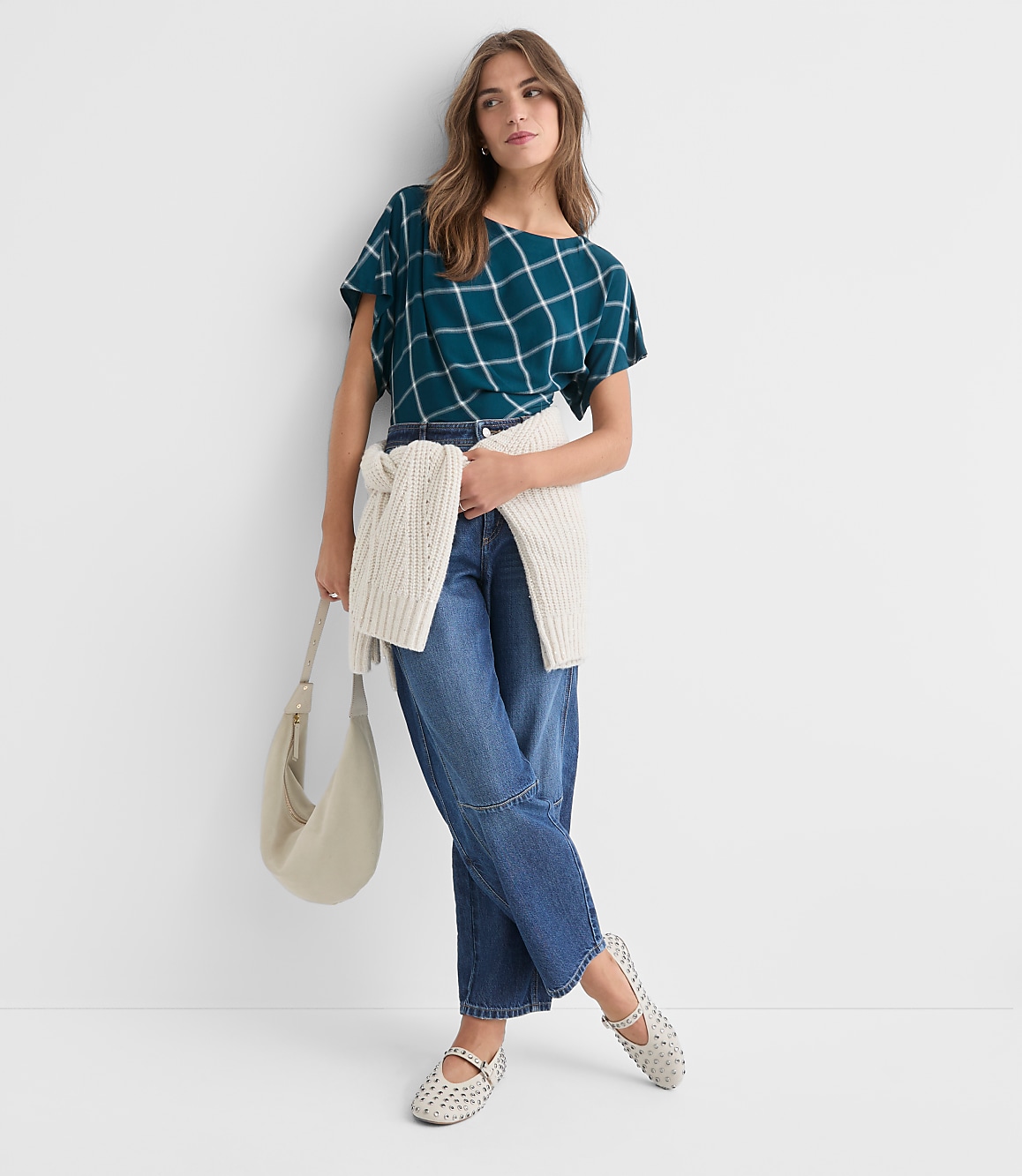 Petite Plaid Pleated Wedge Top
