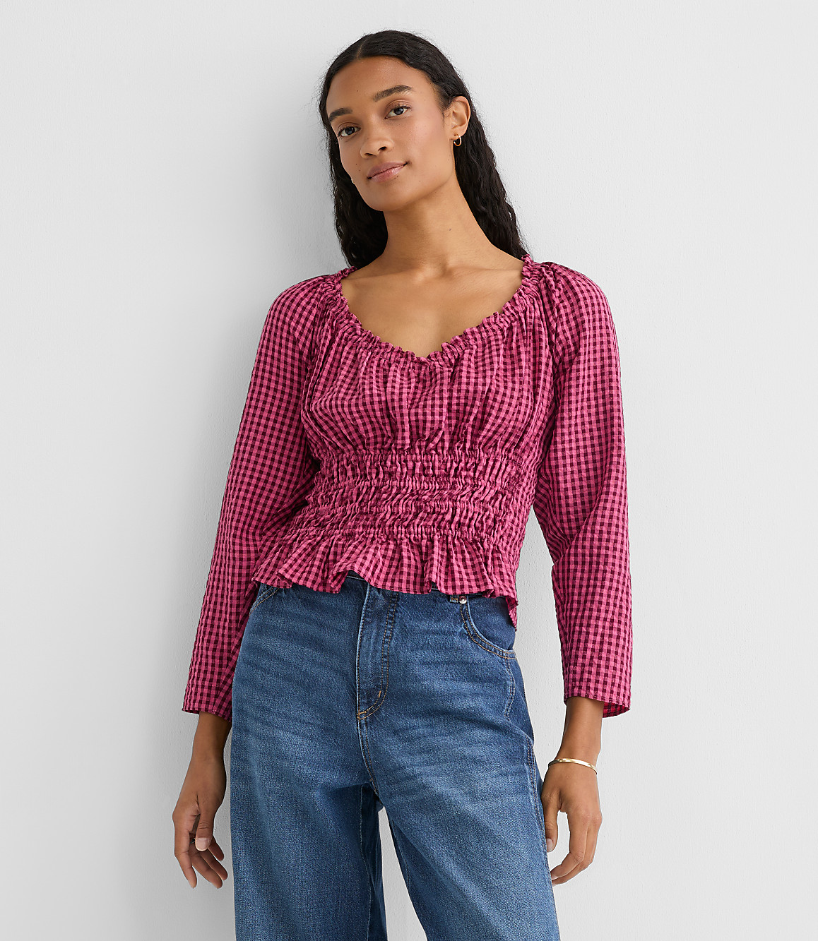 Gingham Smocked Ruffle V-Neck Blouse