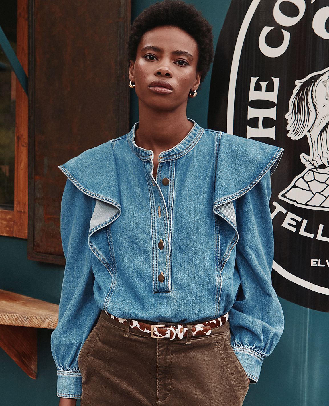 Ruffle Denim Shirt in Light Wash