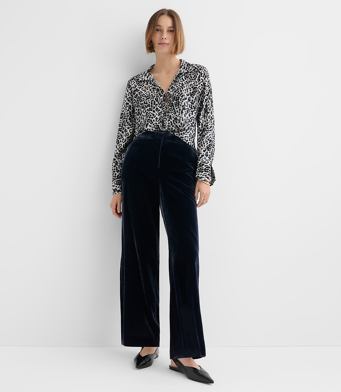 Leopard Print Slit Cuff Tie Neck Blouse