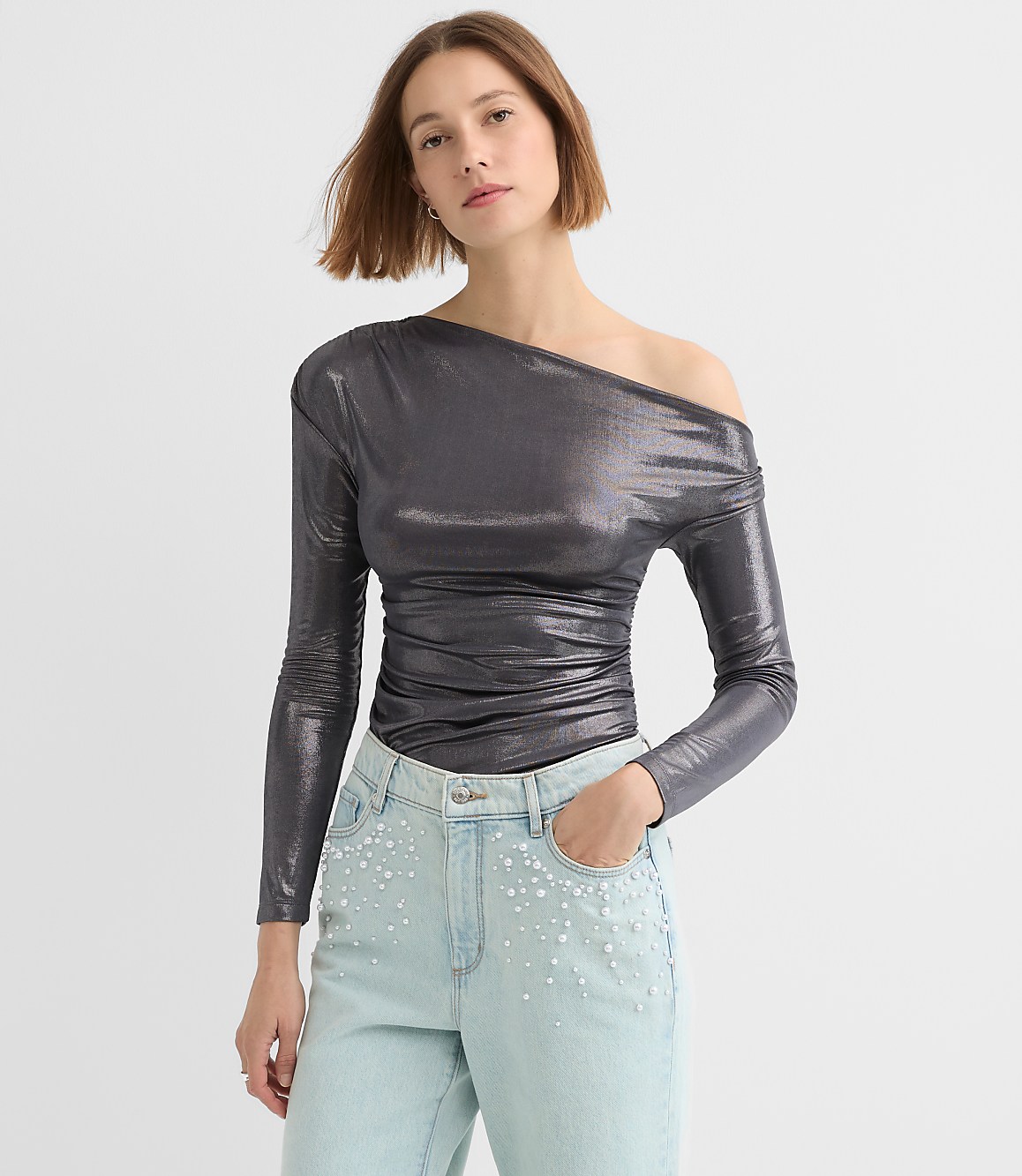 Metallic Asymmetrical Ruched Off The Shoulder Top