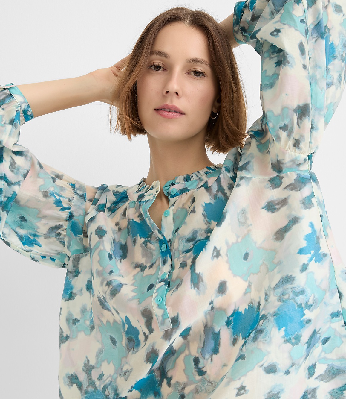 Floral Draped Sleeve Henley Blouse