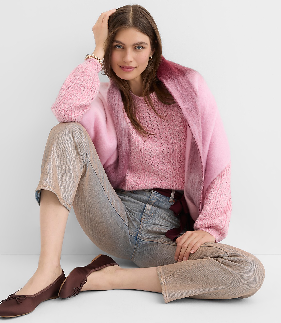 Marled Pointelle Blouson Sweater