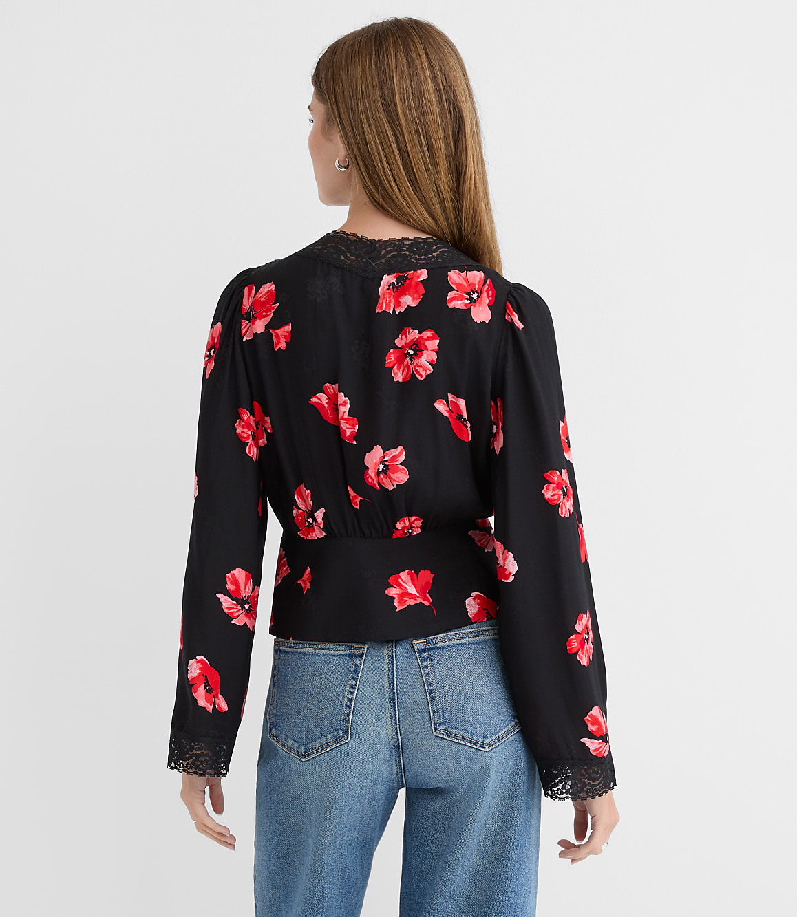 Floral Lace Trim V-Neck Blouse