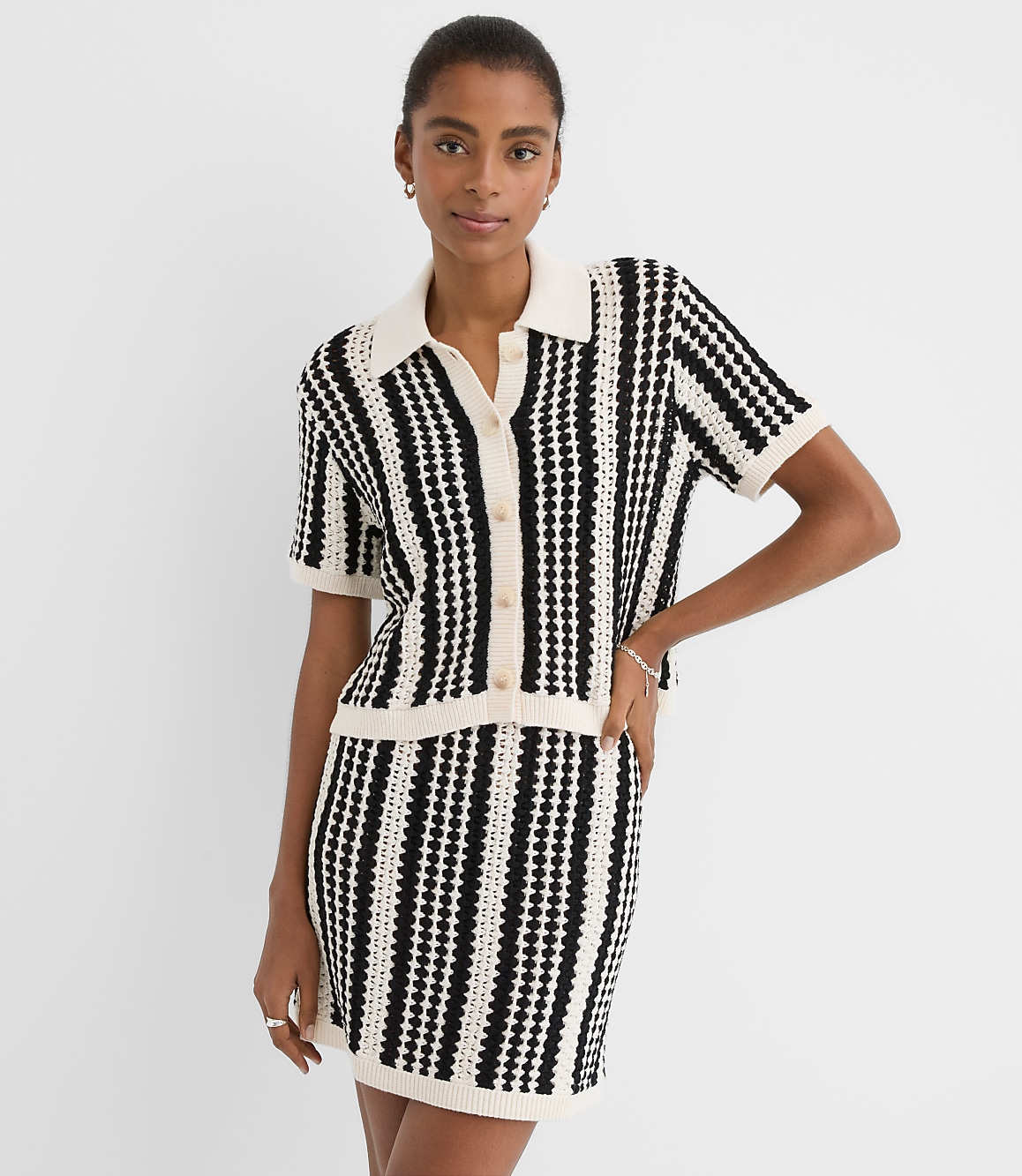 LOFT Beach Striped Crochet Polo Cardigan
