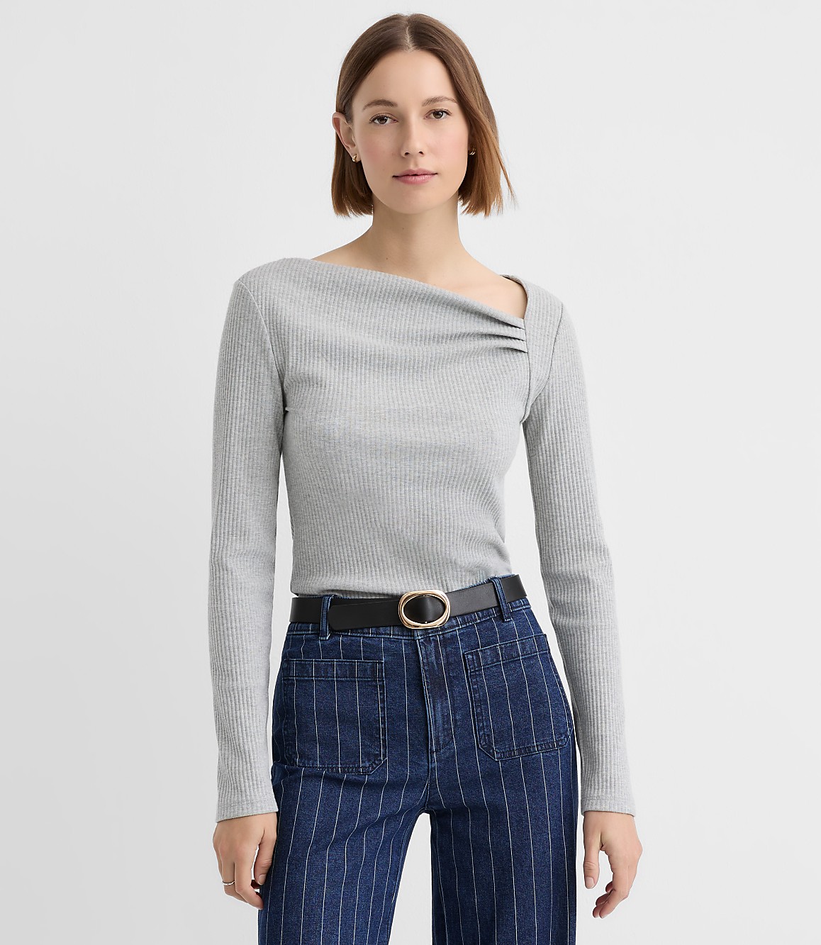 Heathered Asymmetrical Neck Ribbed Top
