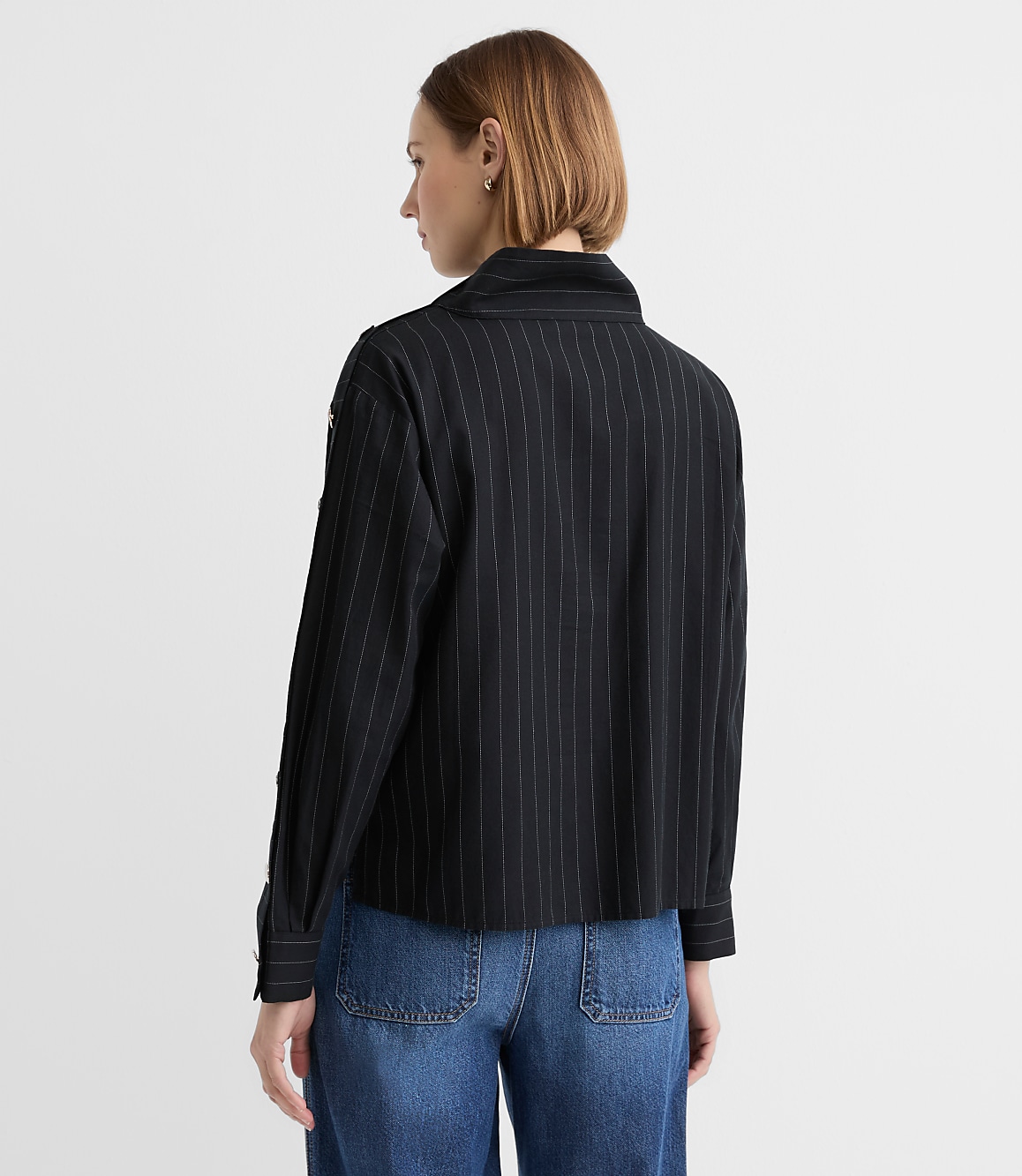 Striped Button Sleeve Mock Neck Shirt