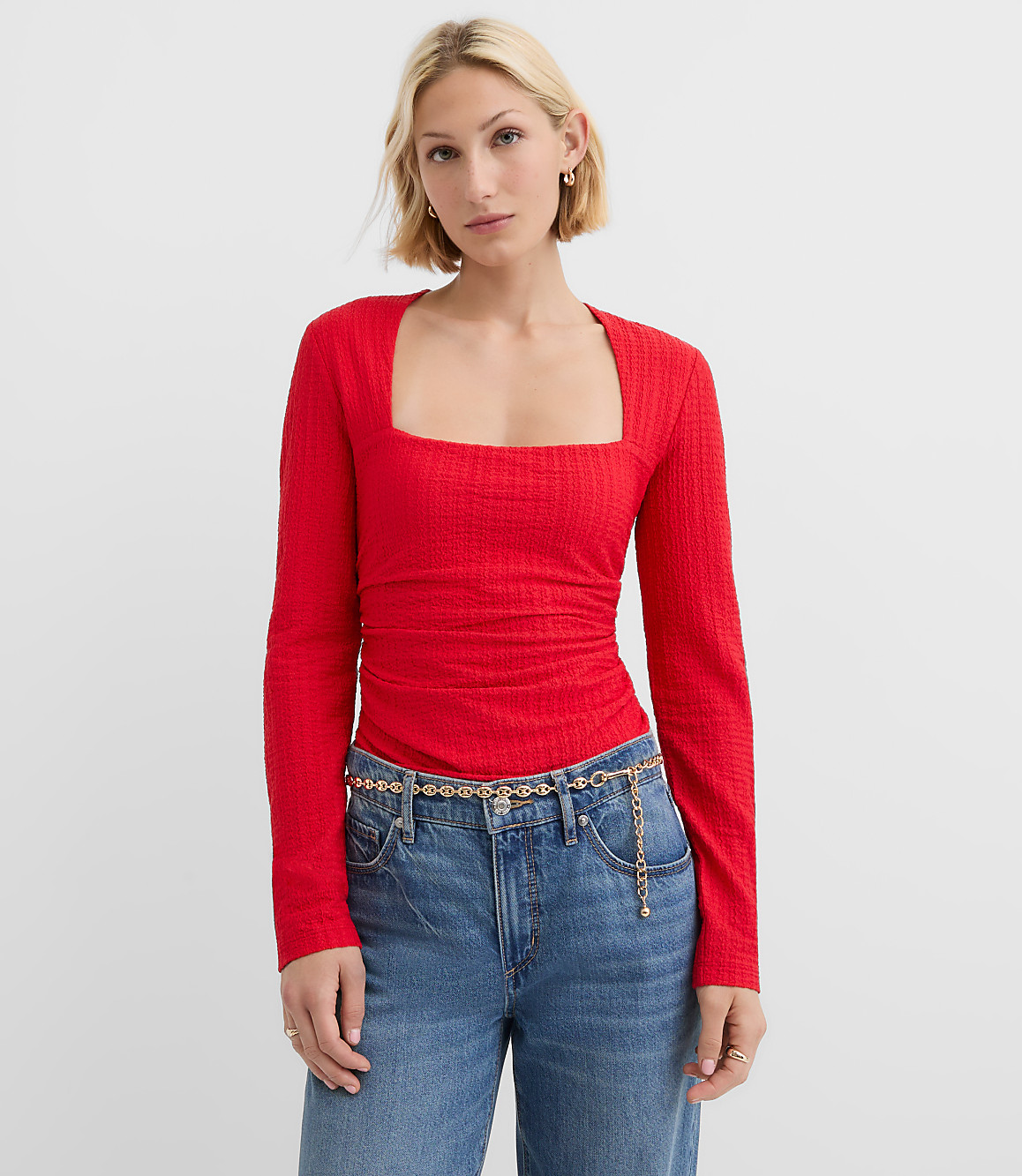 Textured Ruched Square Neck Top