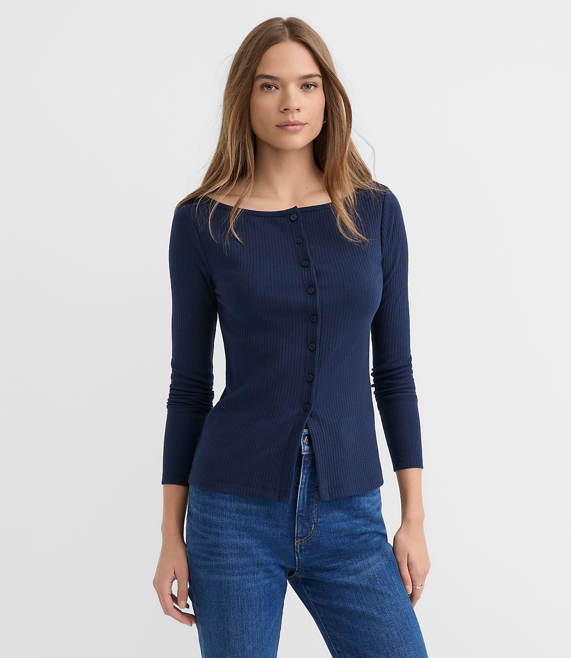 Ribbed Boatneck Button Top