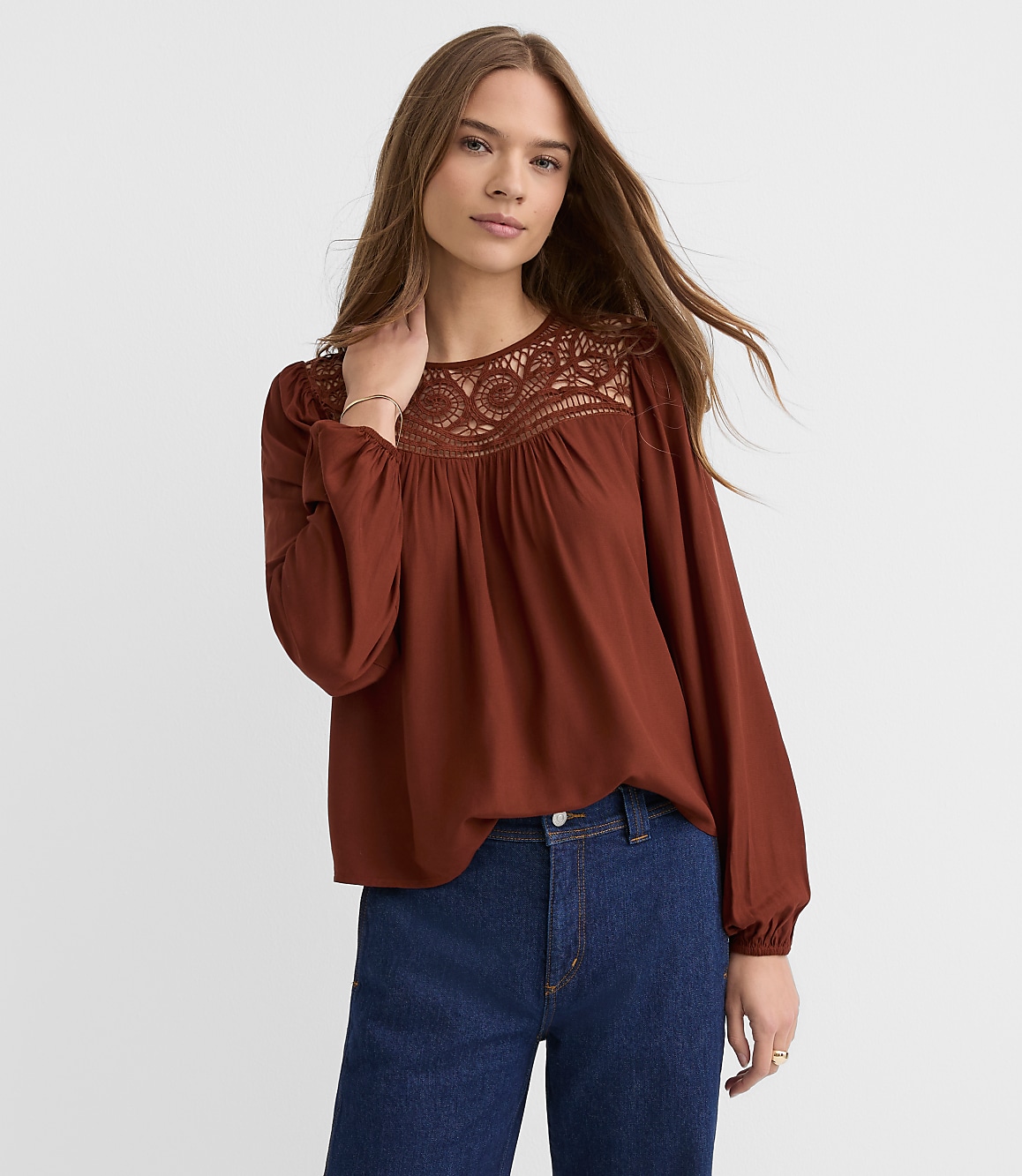 Cutout Lace Yoke Blouse