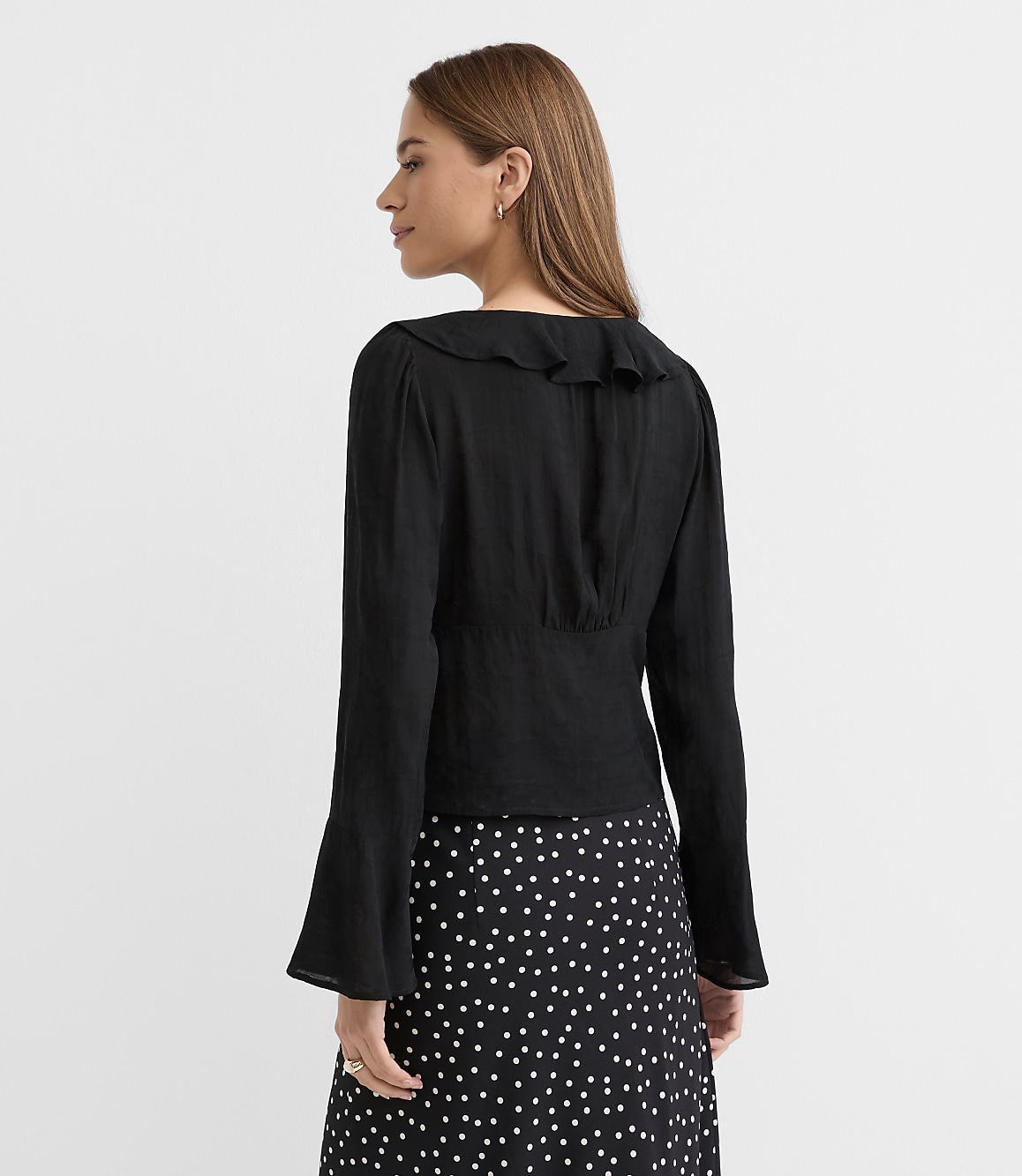 Jacquard Ruffle Tie Neck Blouse
