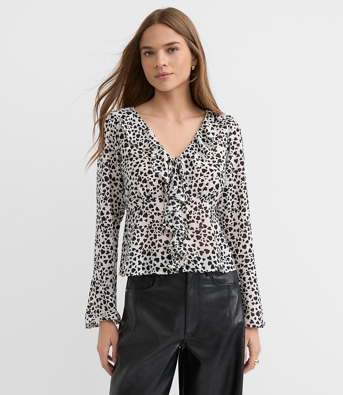 Heart Ruffle Tie Neck Blouse