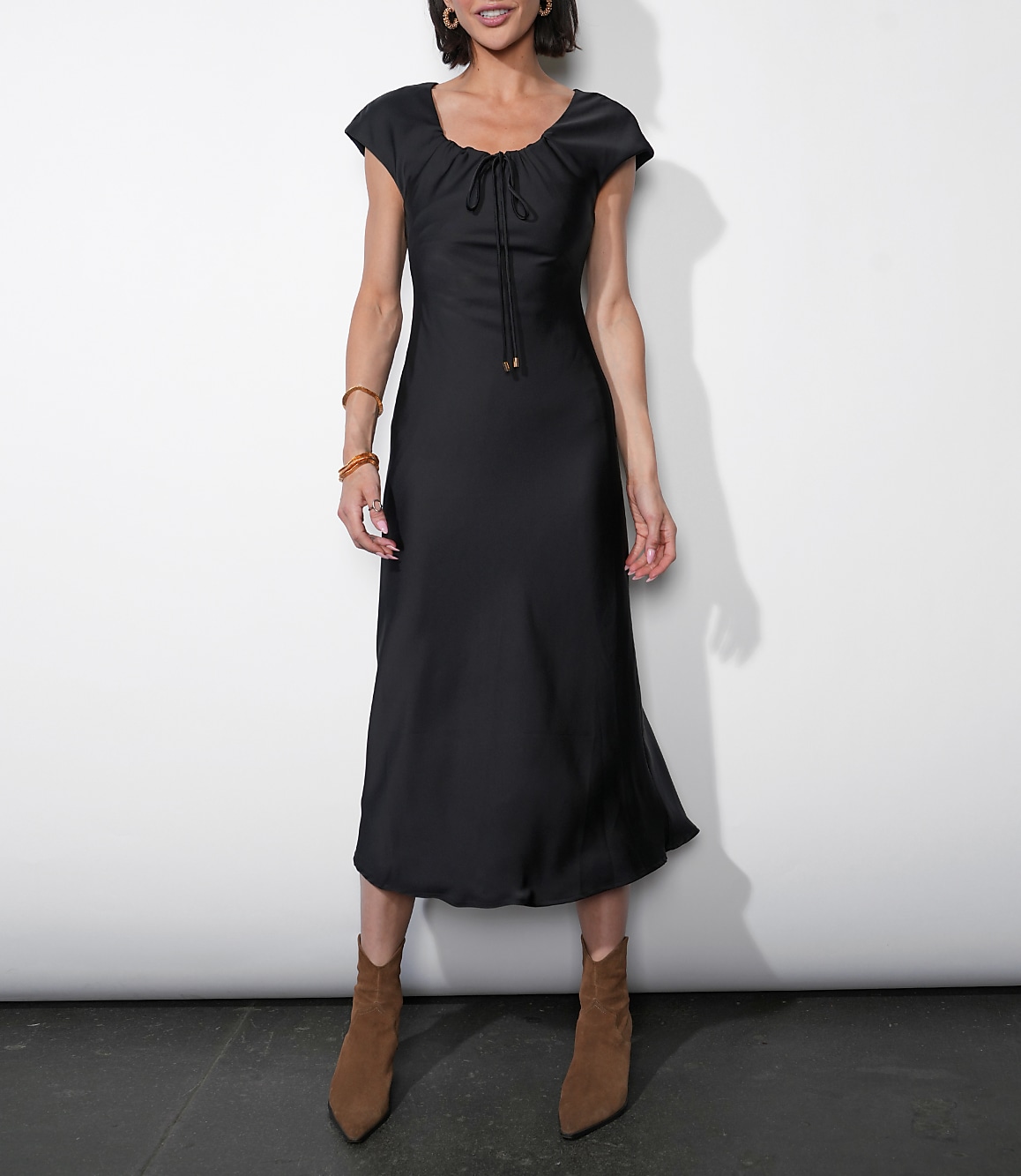 Greylin Inez Neck Drawstring Satin Midi Dress