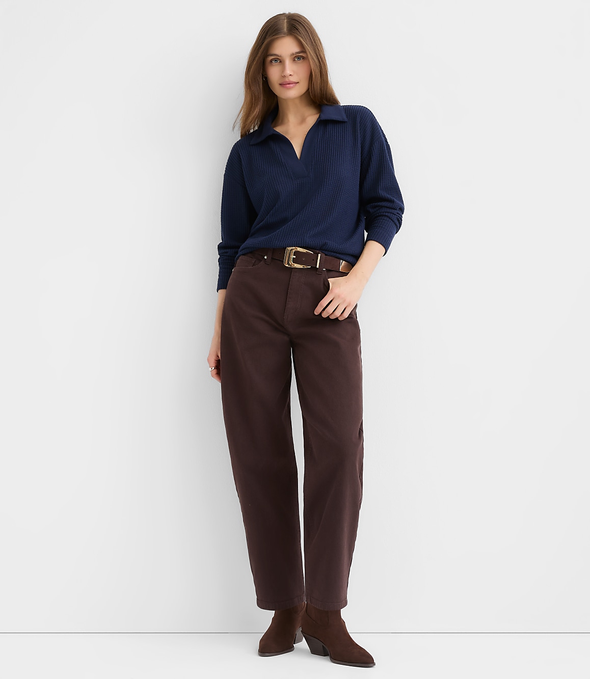Waffle Collared V-Neck Top