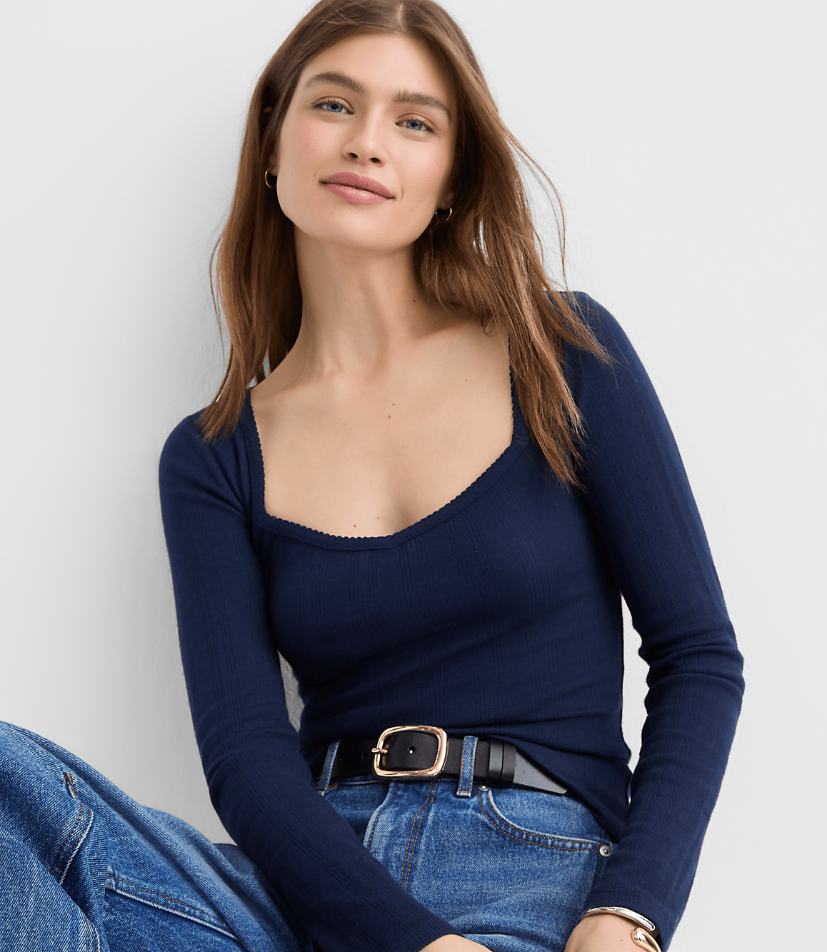 Ribbed Sweetheart Neck Long Sleeve Tee
