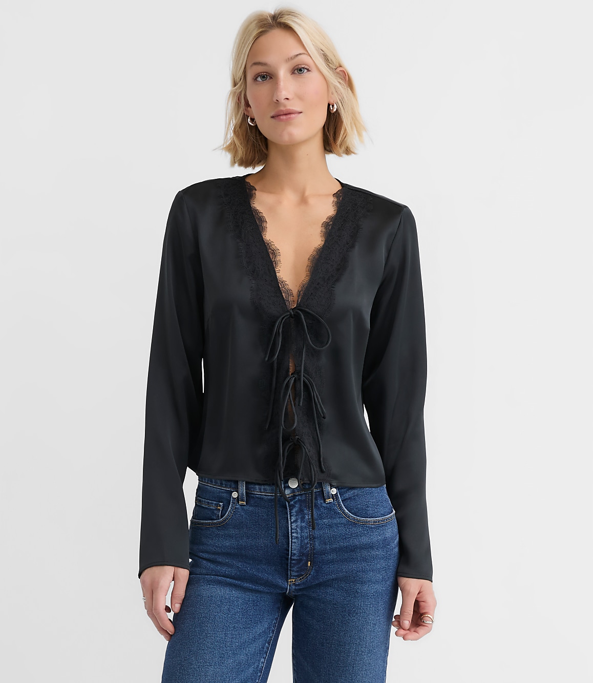 Lace Trim Satin Bow Blouse
