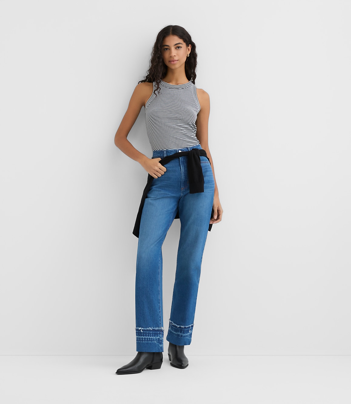 Rivete Unpicked Cuffed High Rise Straight Jeans in Authentic Indigo