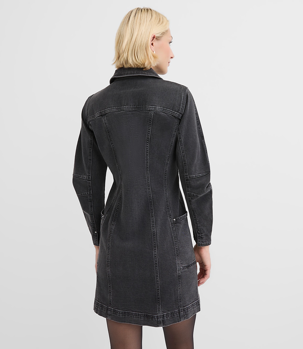 Petite Seamed Denim Zip Mini Pocket Dress in Washed Black