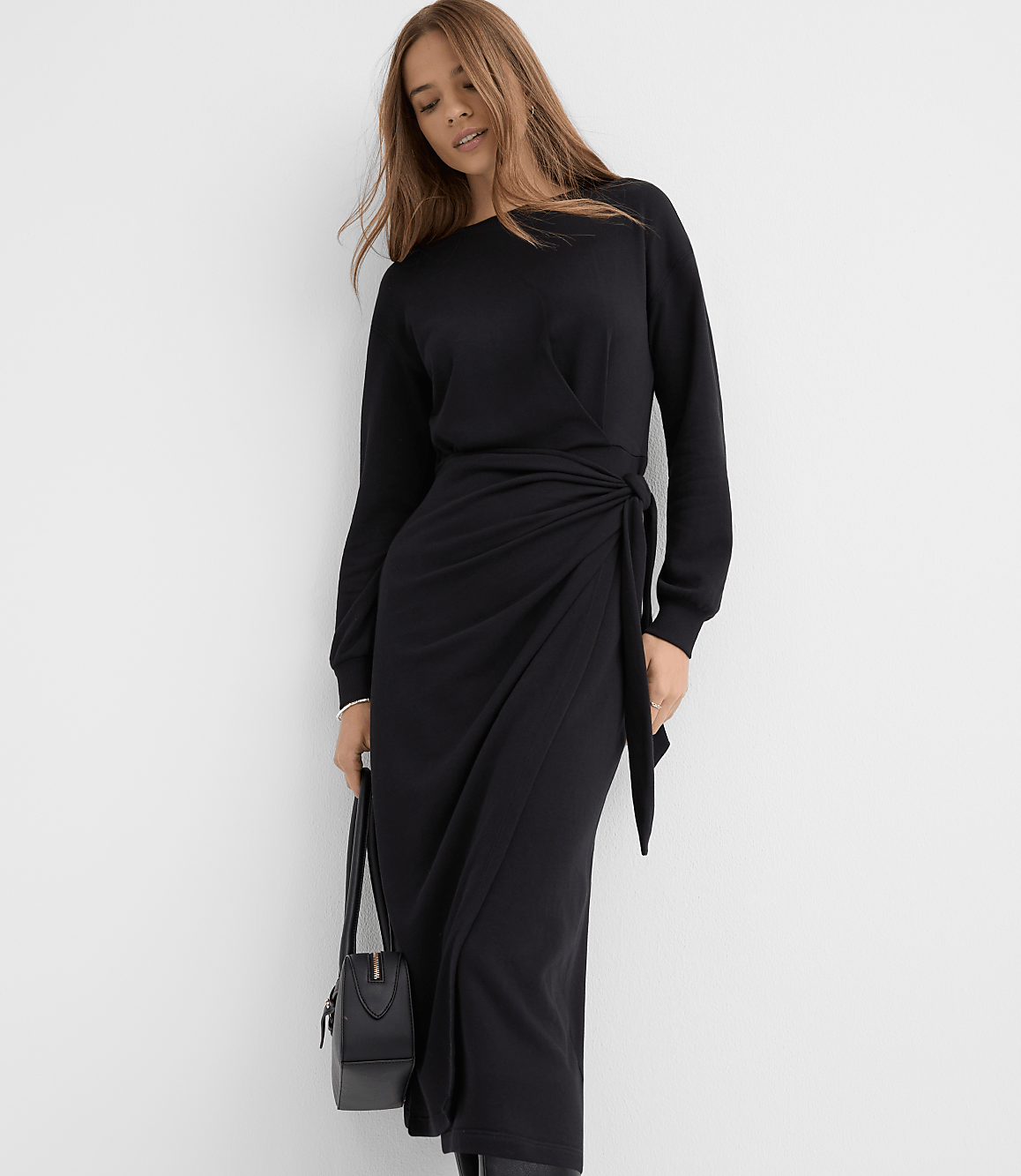Petite Terry Side Pleated Midi Wrap Dress