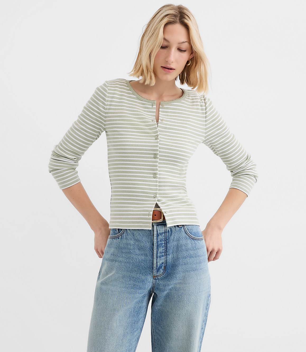 Striped Scalloped Ribbed Cardigan