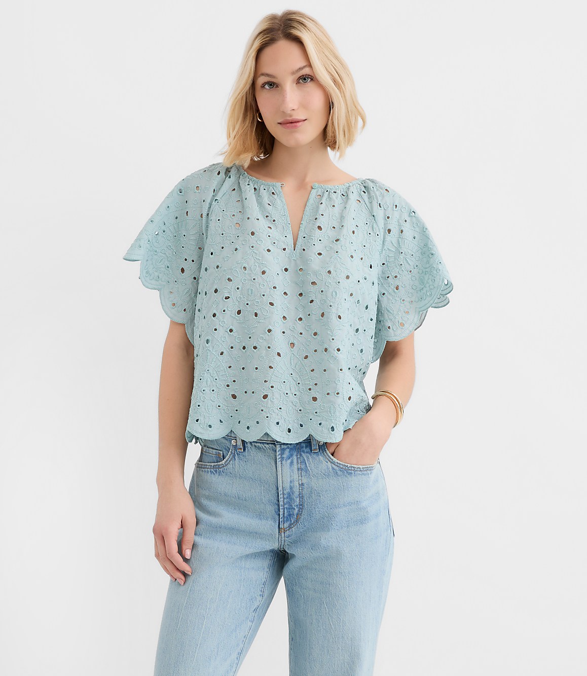 Scalloped Eyelet Flutter Sleeve Top