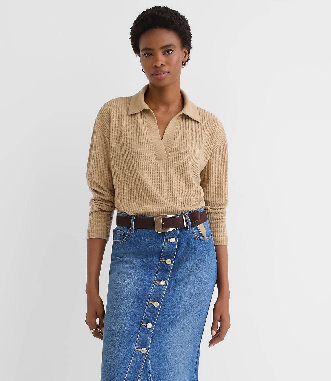 Petite Melange Waffle Collared V-Neck Top