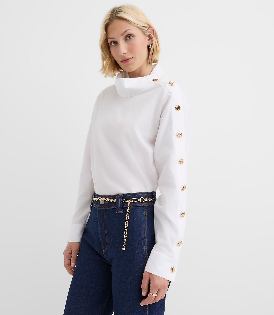 Petite Button Sleeve Mock Neck Shirt