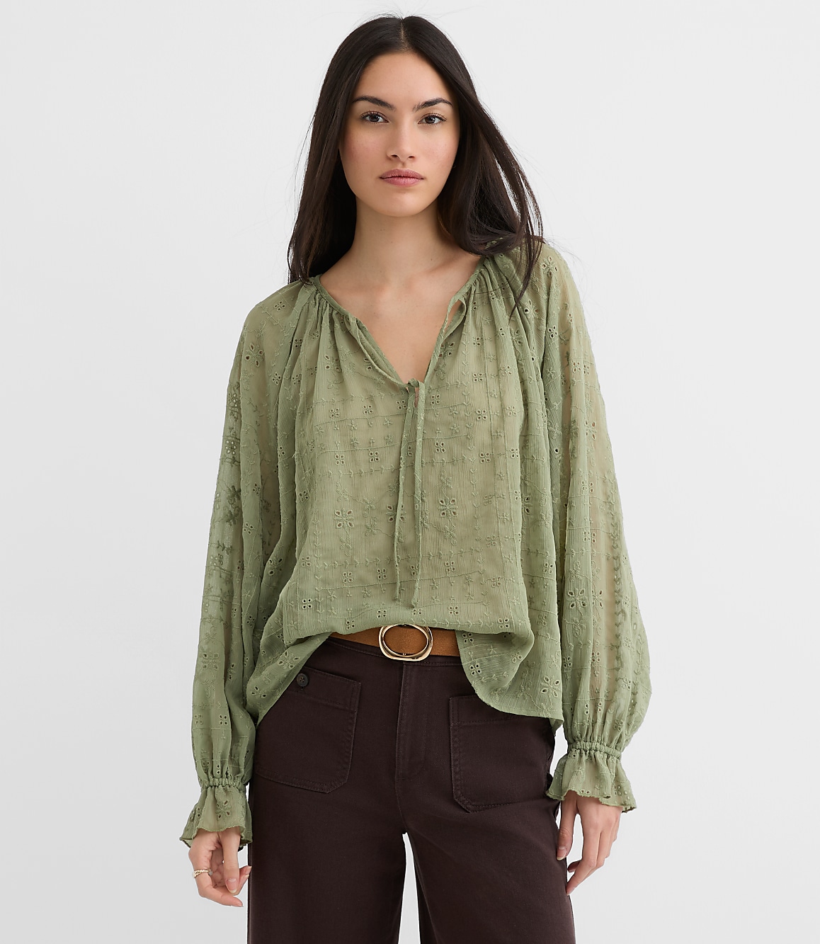Eyelet Ruffle Cuff Tie Neck Blouse