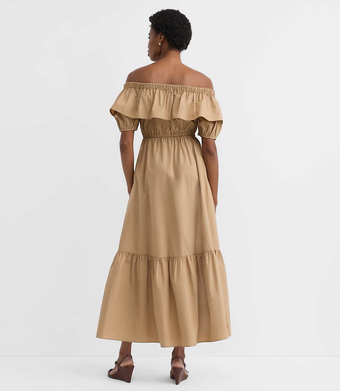 Poplin Ruffle Off The Shoulder Maxi Pocket Dress