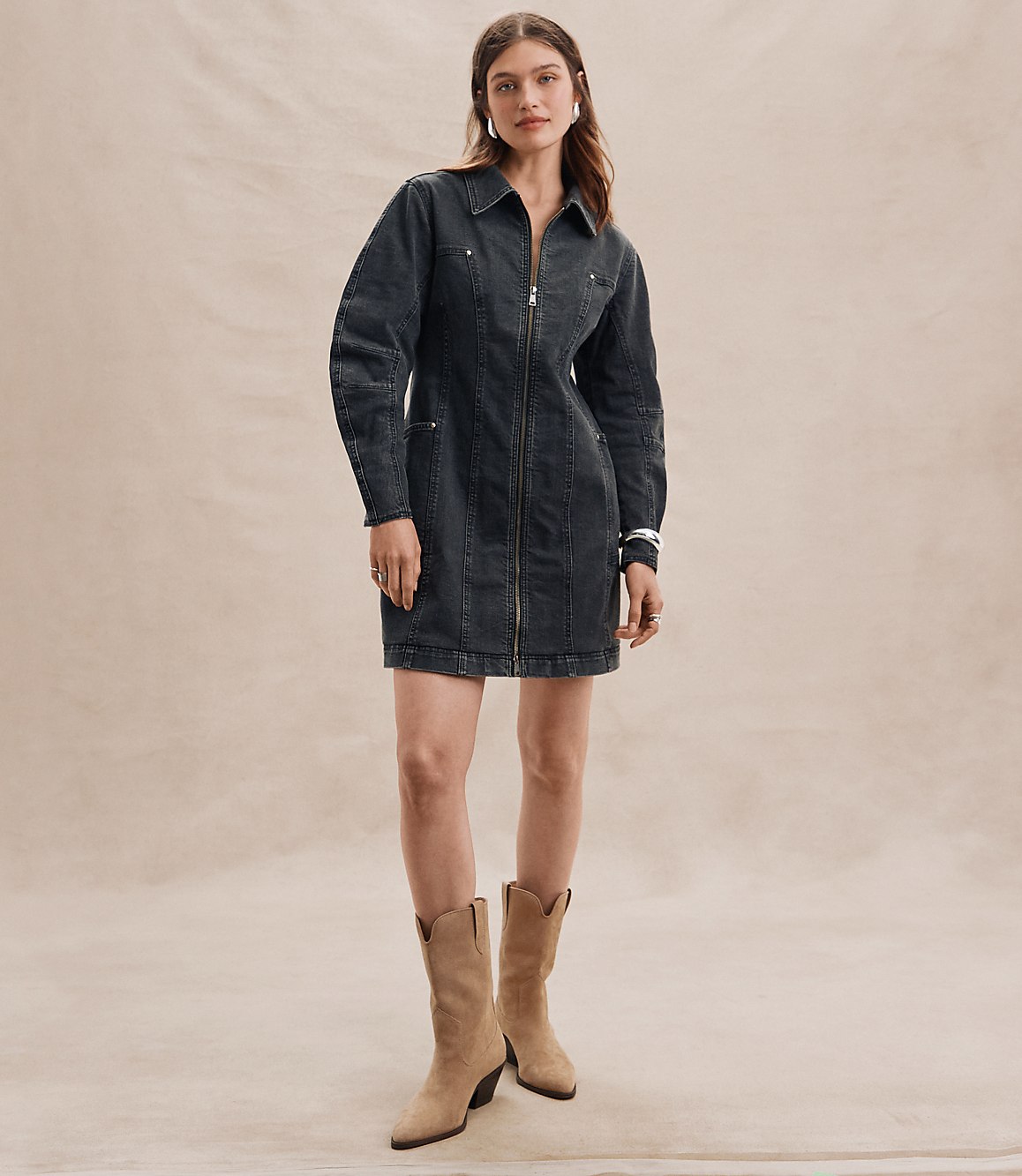 Petite Seamed Denim Zip Mini Pocket Dress in Washed Black