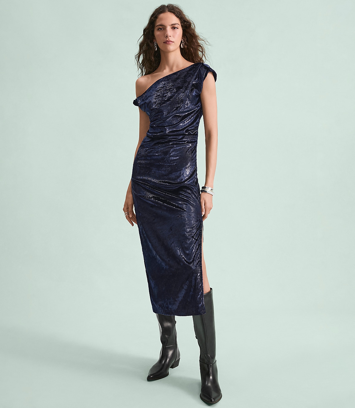 Petite Velvet Ruched Off The Shoulder Midi Dress