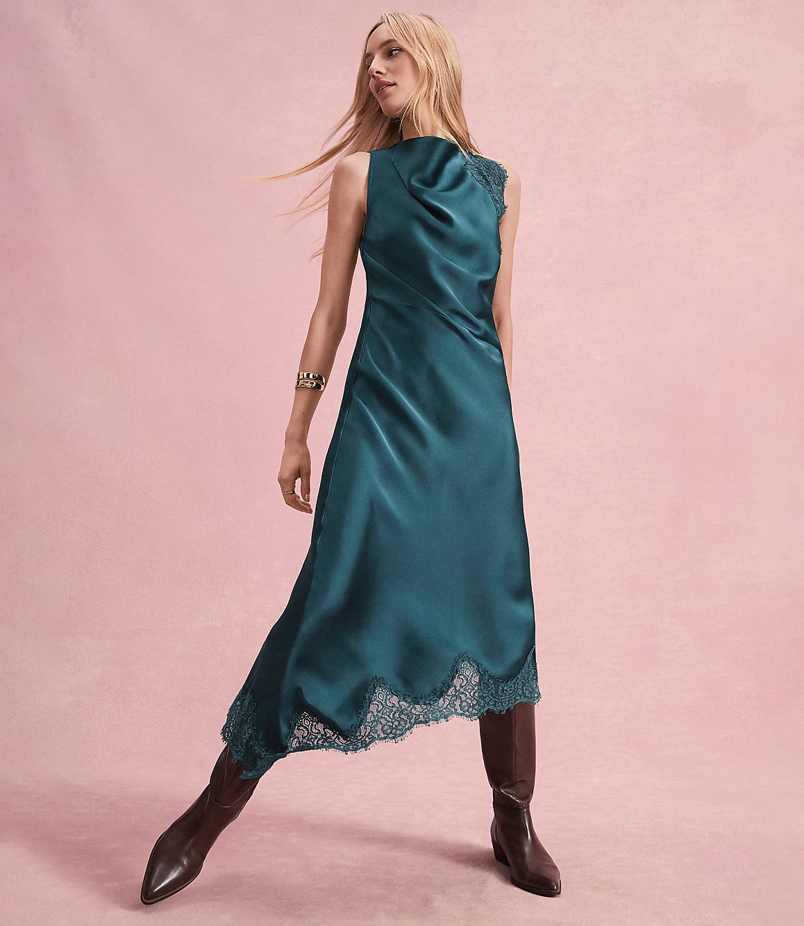 Petite Lace Trim Satin Bias Midi Dress