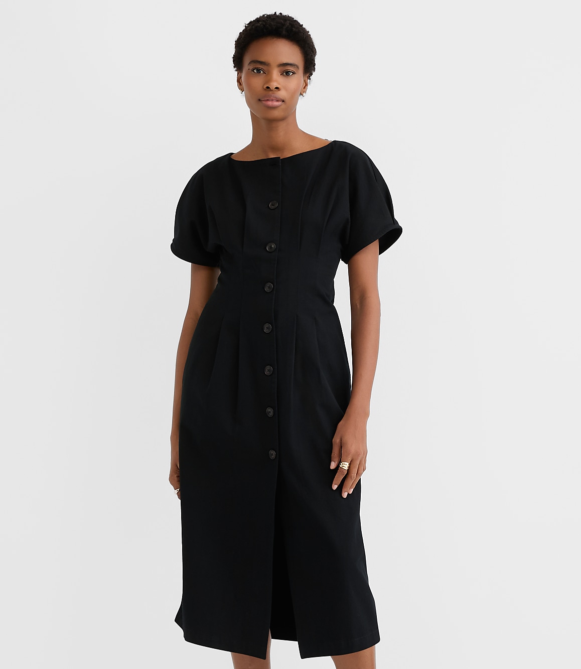 Pleated Barrel Sleeve Midi Pocket Dress