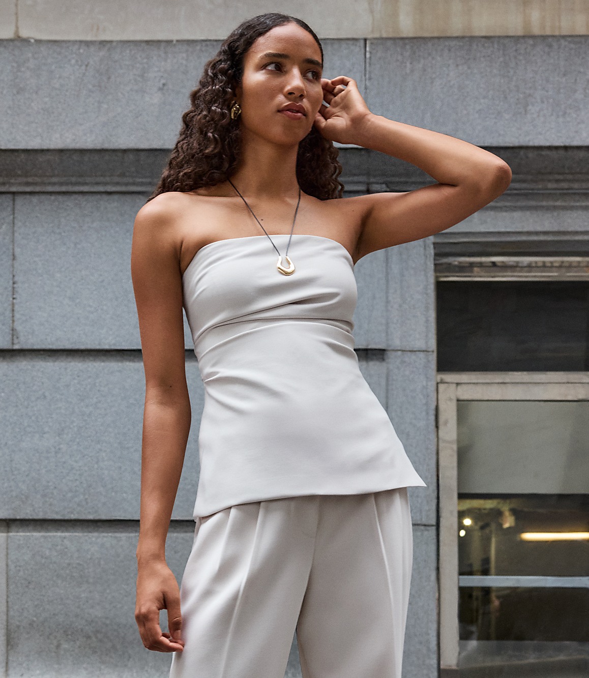 Petite LOFT Versa Crepe Drape Pleated Strapless Top