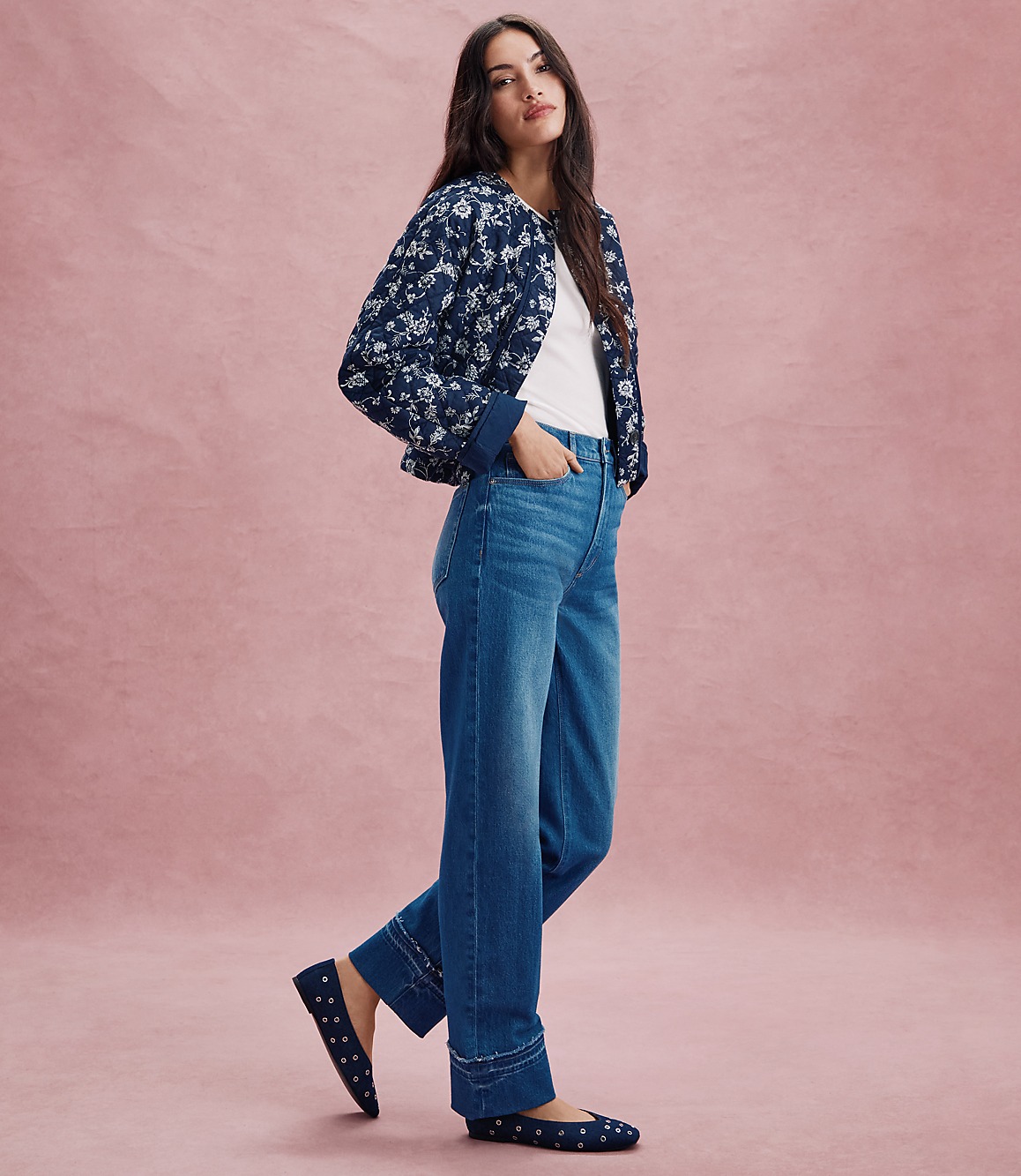 Rivete Unpicked Cuffed High Rise Straight Jeans in Authentic Indigo