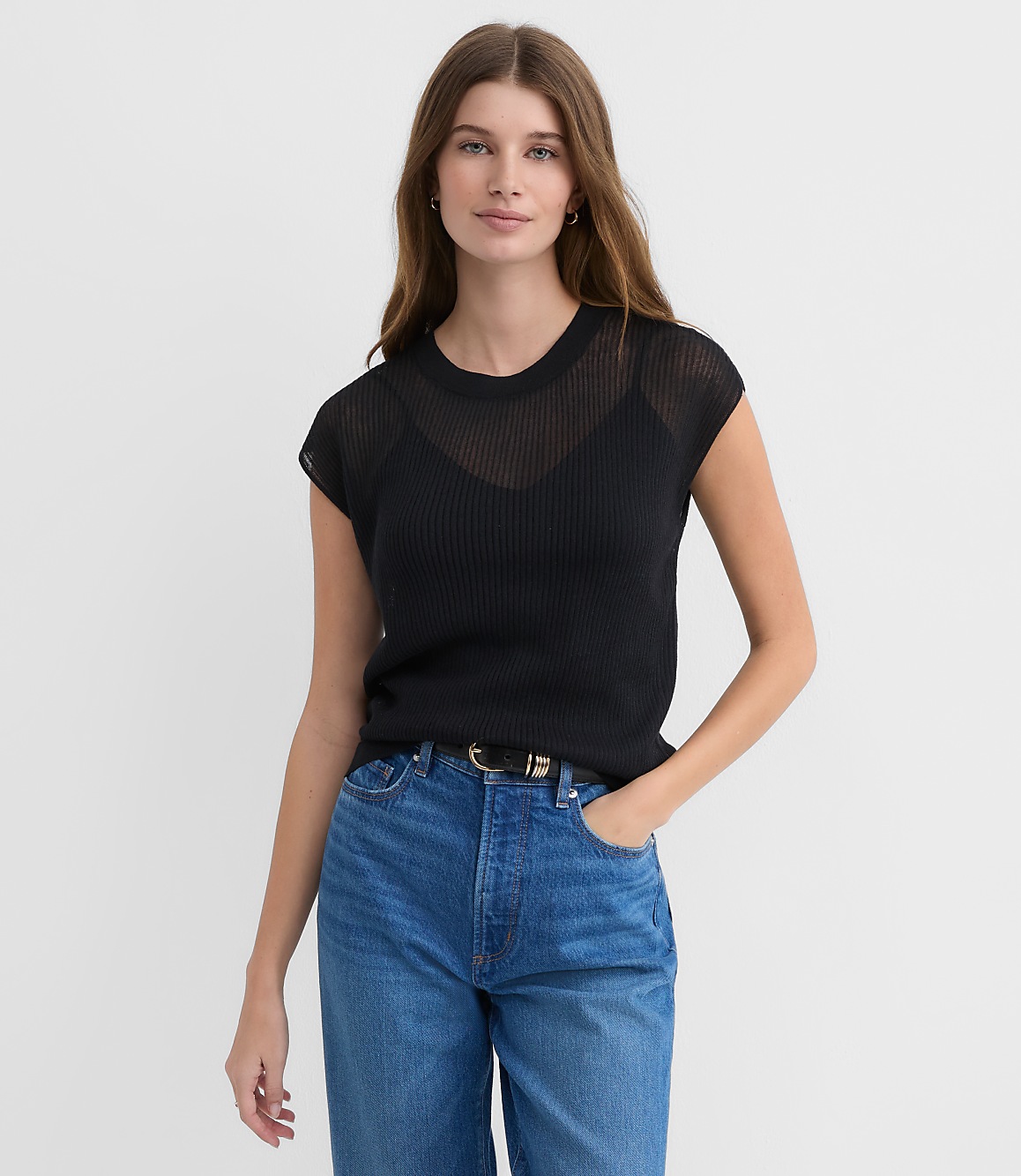 Ribbed Cap Sleeve Sweater Tee
