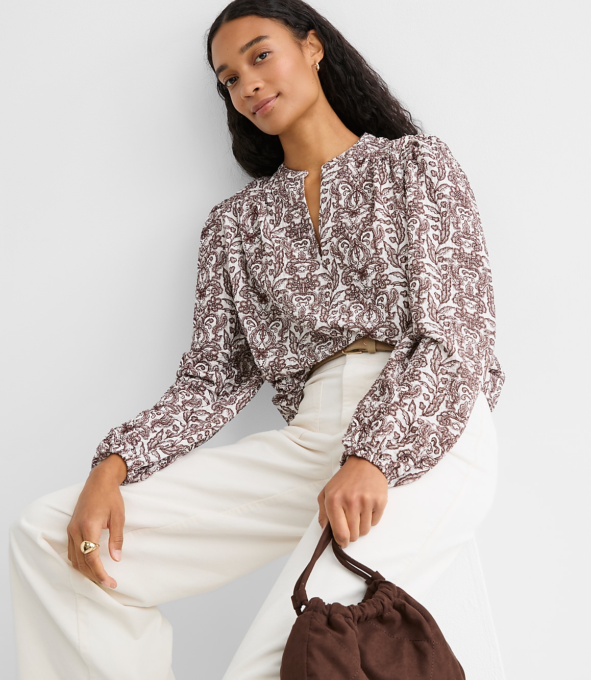 Petite Lace Garden Crinkle Knit Split Neck Blouse