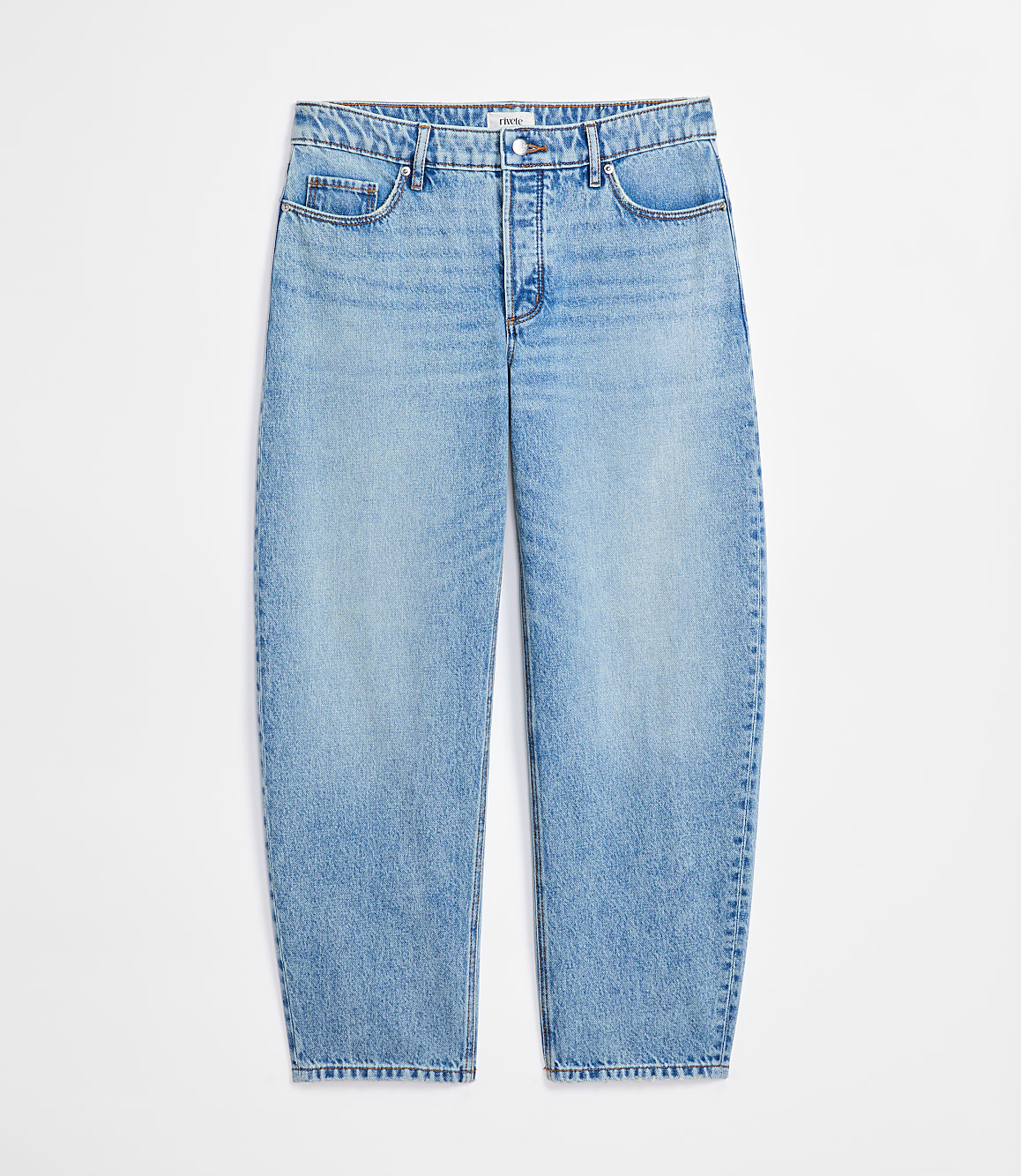 Rivete Petite Mid Rise Barrel Jeans in Aura Wash
