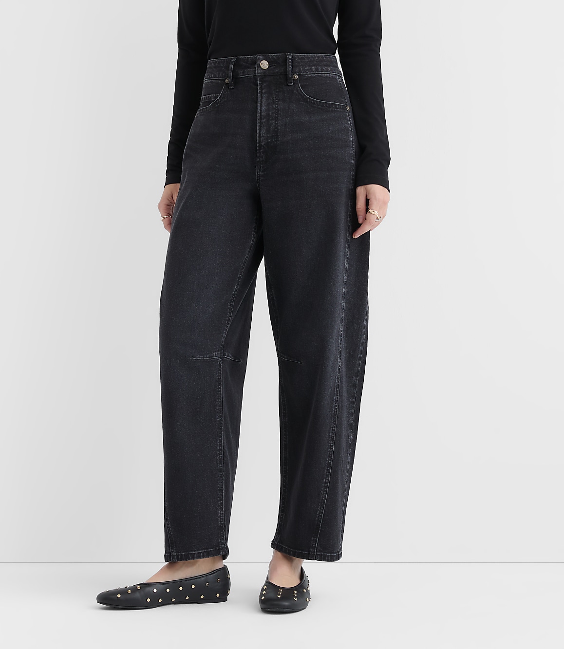 Rivete Tall Curvy Seamed High Rise Barrel Jeans in Noir Wash