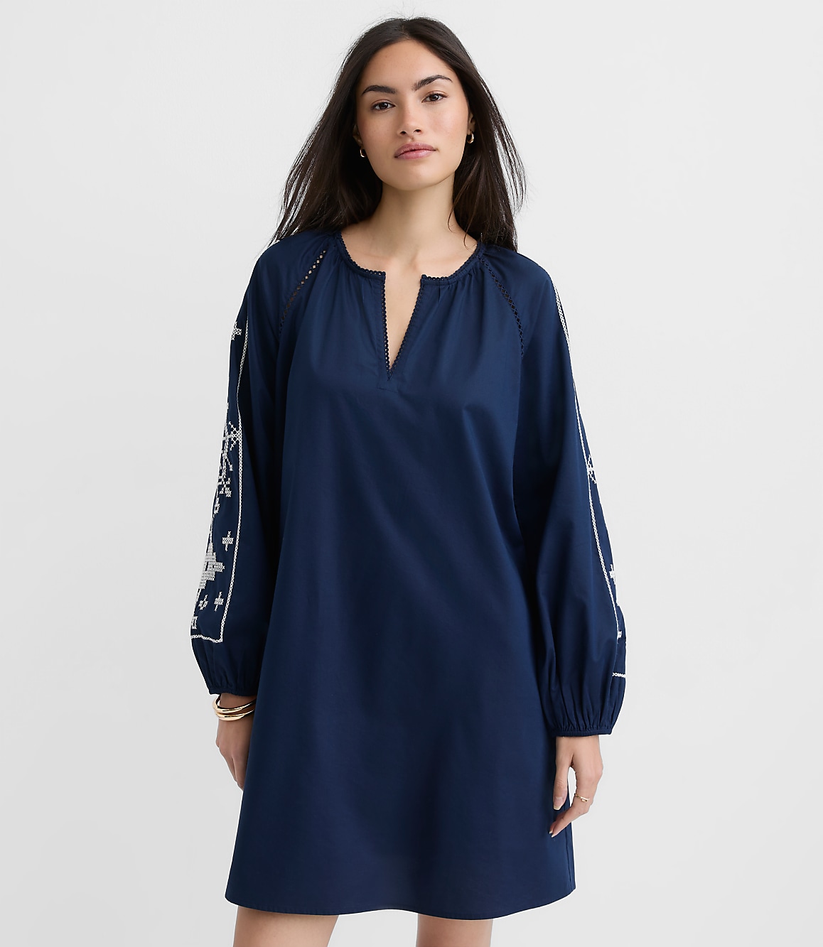 Petite Floral Embroidered Split Neck Mini Pocket Dress