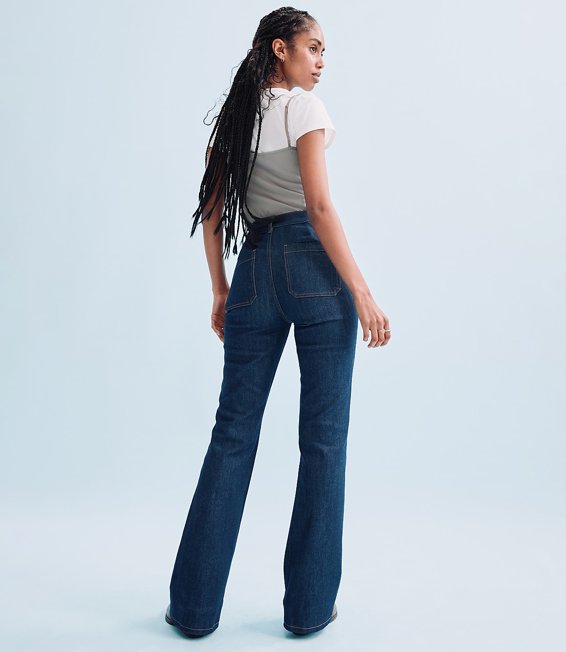 Rivete Petite Patch Pocket High Rise Slim Flare Jeans in Classic Rinse Wash