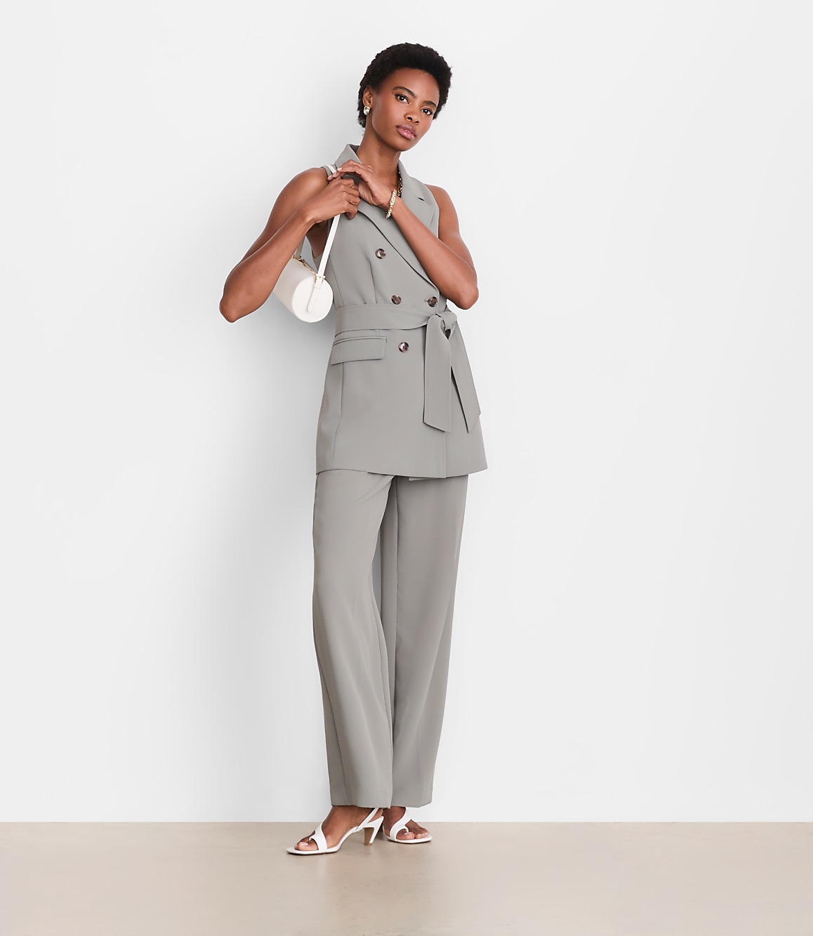 Petite LOFT Versa Crepe Drape Double Breasted Pocket Vest