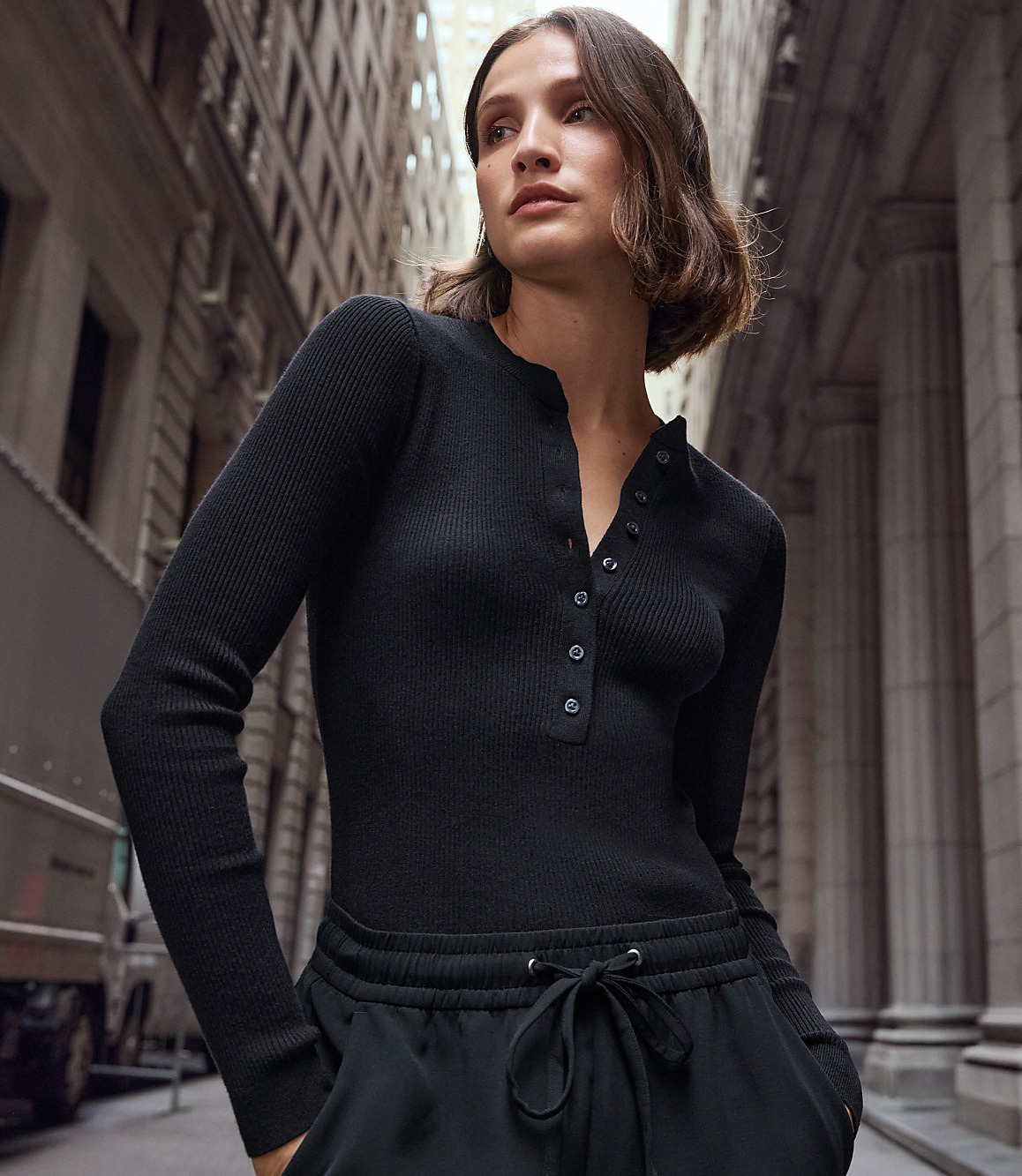 Petite LOFT Versa Ribbed Henley Sweater