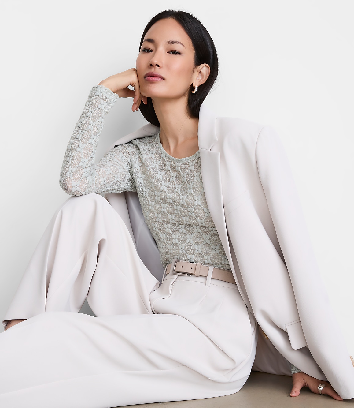 Petite LOFT Versa Geo Lace Long Sleeve Top