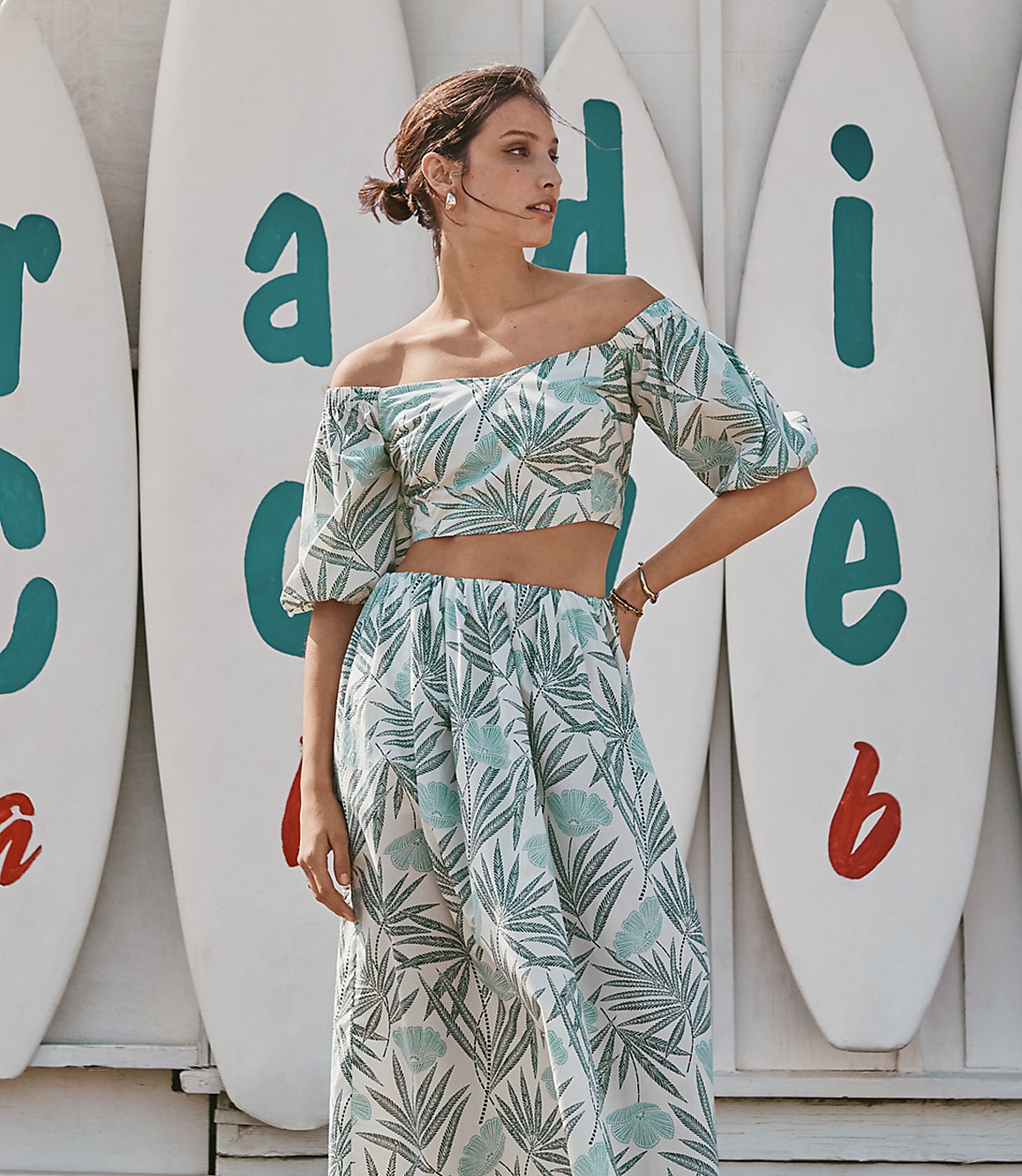 Petite LOFT Beach Palm Poplin Puff Sleeve Crop Top